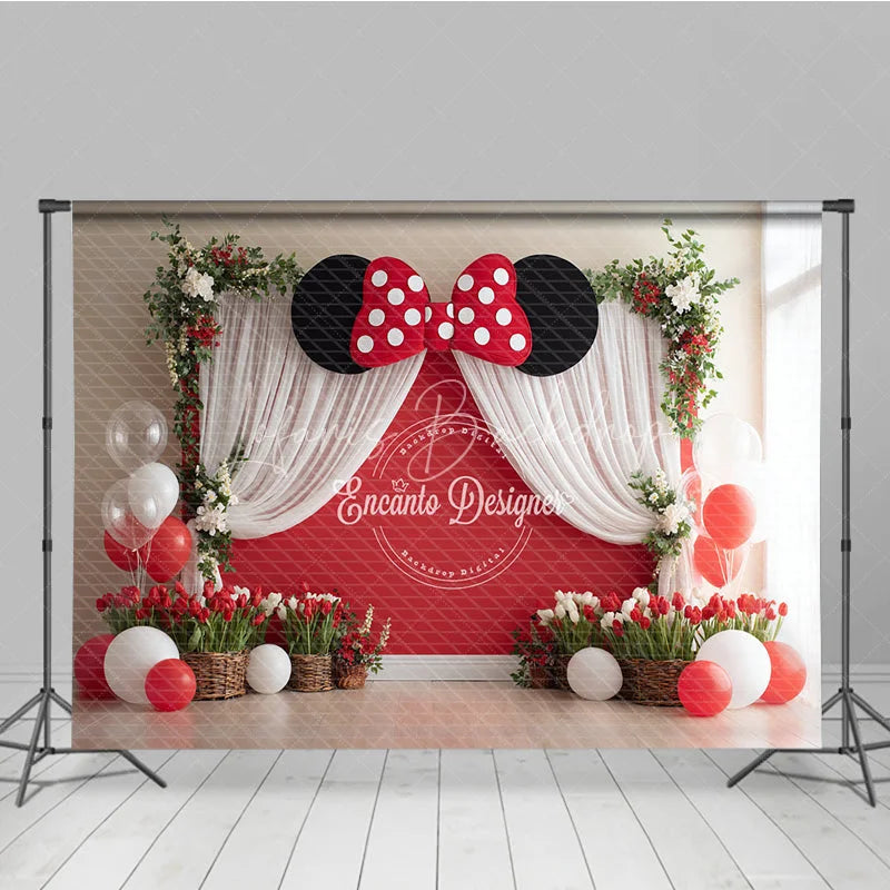 Lofaris Red Polka Dot Bow Backdrop Mouse Ears Birthday Banner Wall White Curtains for Girl Cake Smash Props