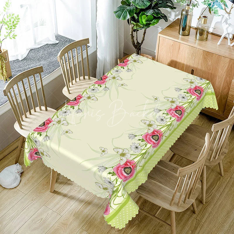 Lofaris Red Poppy White Daisy Border Rectangle Tablecloth Garden Floral Cream Background Country Dining Table Cover Kitchen Decor