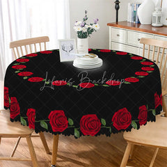 Lofaris Red Rose Border Black Round Tablecloth Minimalist Floral Ring Table Cover for Wedding
