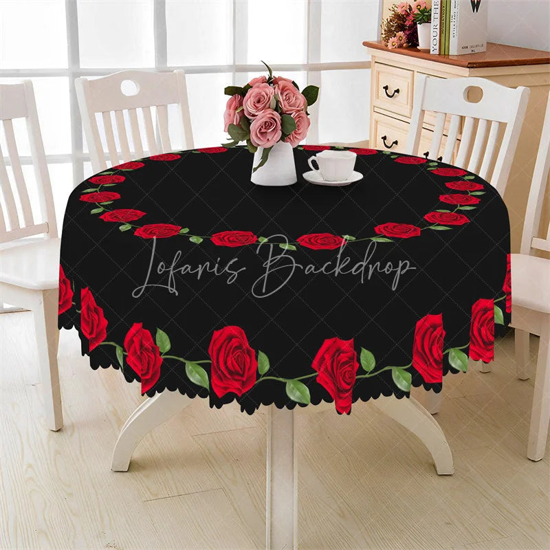 Lofaris Red Rose Border Black Round Tablecloth Minimalist Floral Ring Table Cover for Wedding