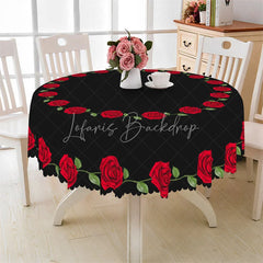 Lofaris Red Rose Border Black Round Tablecloth Minimalist Floral Ring Table Cover for Wedding