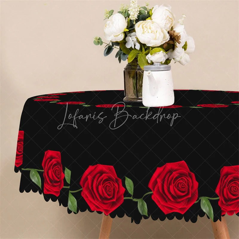 Lofaris Red Rose Border Black Round Tablecloth Minimalist Floral Ring Table Cover for Wedding