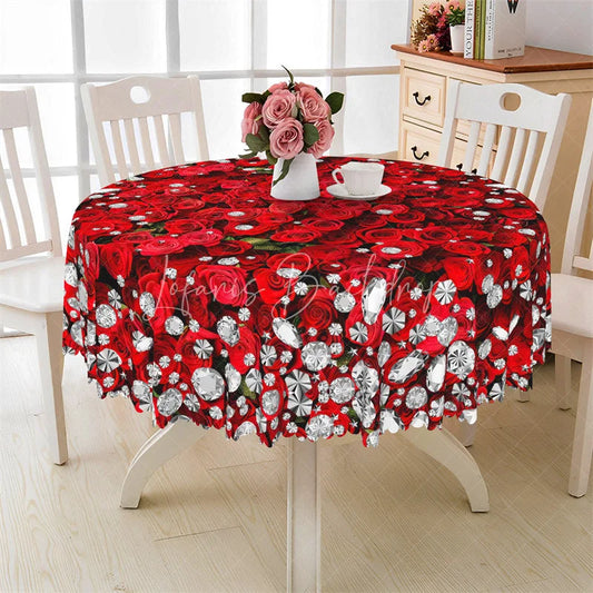Lofaris Red Rose Diamond Round Tablecloth Luxury Gemstone Floral Table Cover for Wedding Anniversary