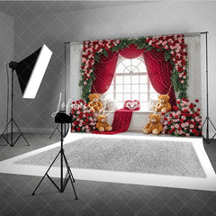Lofaris Red Rose Floral Arched Window Photography Backdrop with Velvet Curtains and Teddy Bears