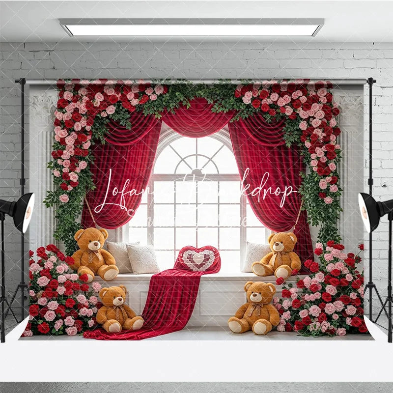 Lofaris Red Rose Floral Arched Window Photography Backdrop with Velvet Curtains and Teddy Bears