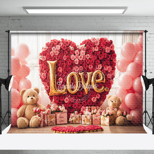 Lofaris Red Rose Heart Bear Gifts Valentines Day Backdrop
