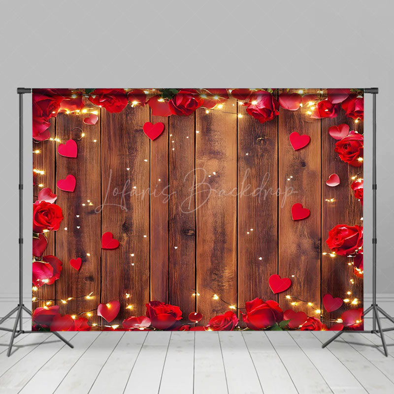 Lofaris Red Rose Hearts Brown Wood Valentines Day Backdrop