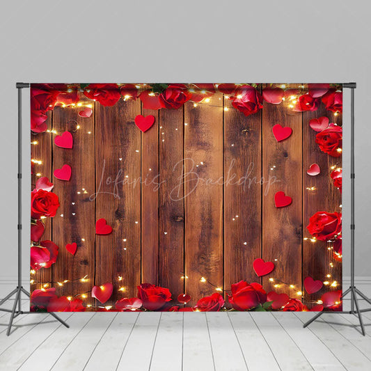 Lofaris Red Rose Hearts Brown Wood Valentines Day Backdrop