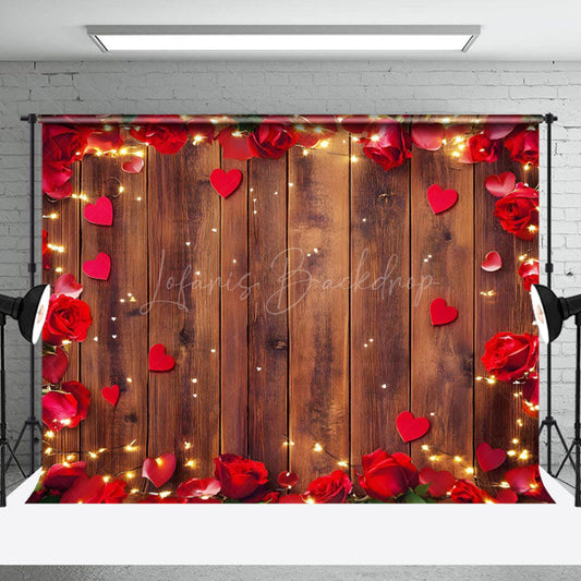 Lofaris Red Rose Hearts Brown Wood Valentines Day Backdrop
