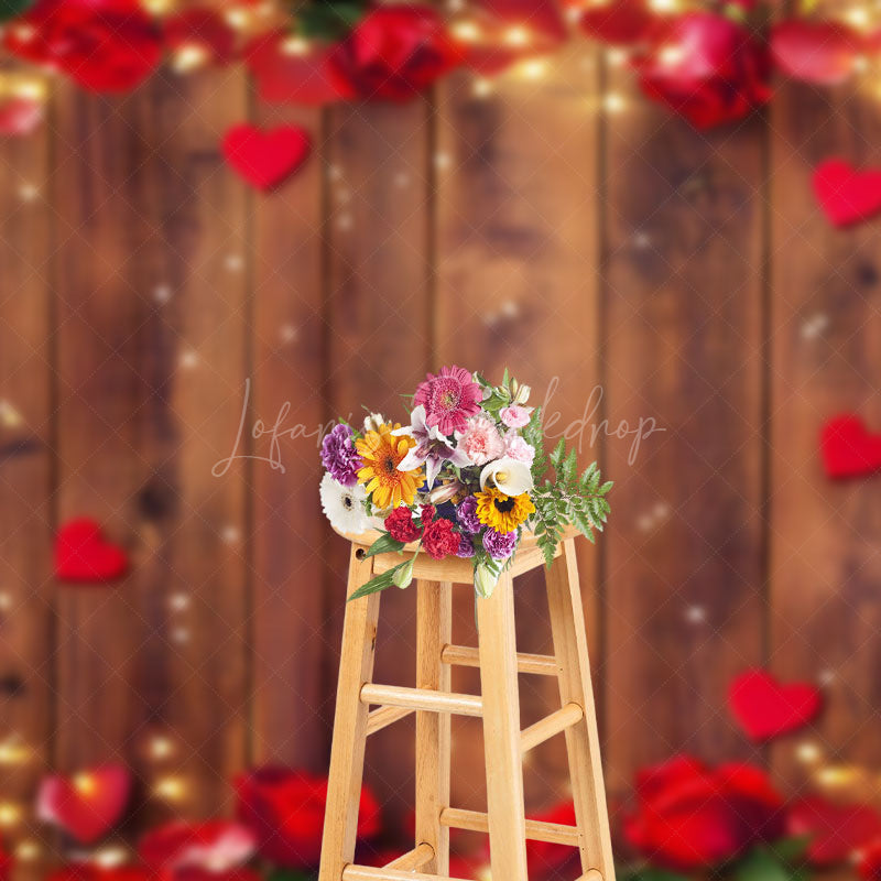 Lofaris Red Rose Hearts Brown Wood Valentines Day Backdrop