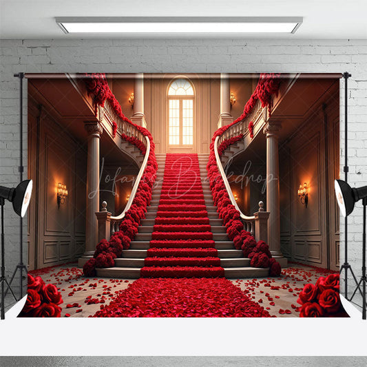 Lofaris Red Rose Stairs Romantic Valentines Day Backdrop