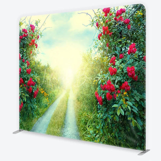 Lofaris Red Roses and Green Foliage Sunlit Path Square Double-Sided Backdrop Romantic Garden Nature Scene