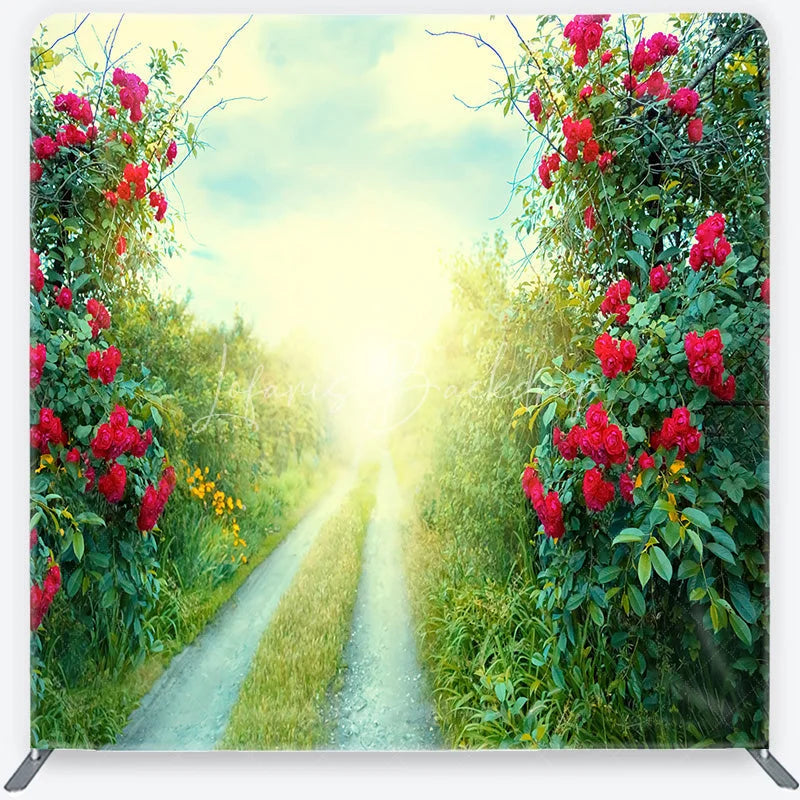 Lofaris Red Roses and Green Foliage Sunlit Path Square Double-Sided Backdrop Romantic Garden Nature Scene