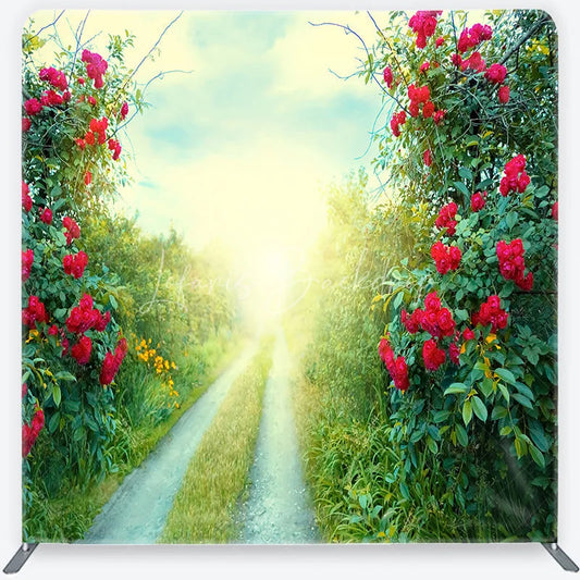 Lofaris Red Roses and Green Foliage Sunlit Path Square Double-Sided Backdrop Romantic Garden Nature Scene