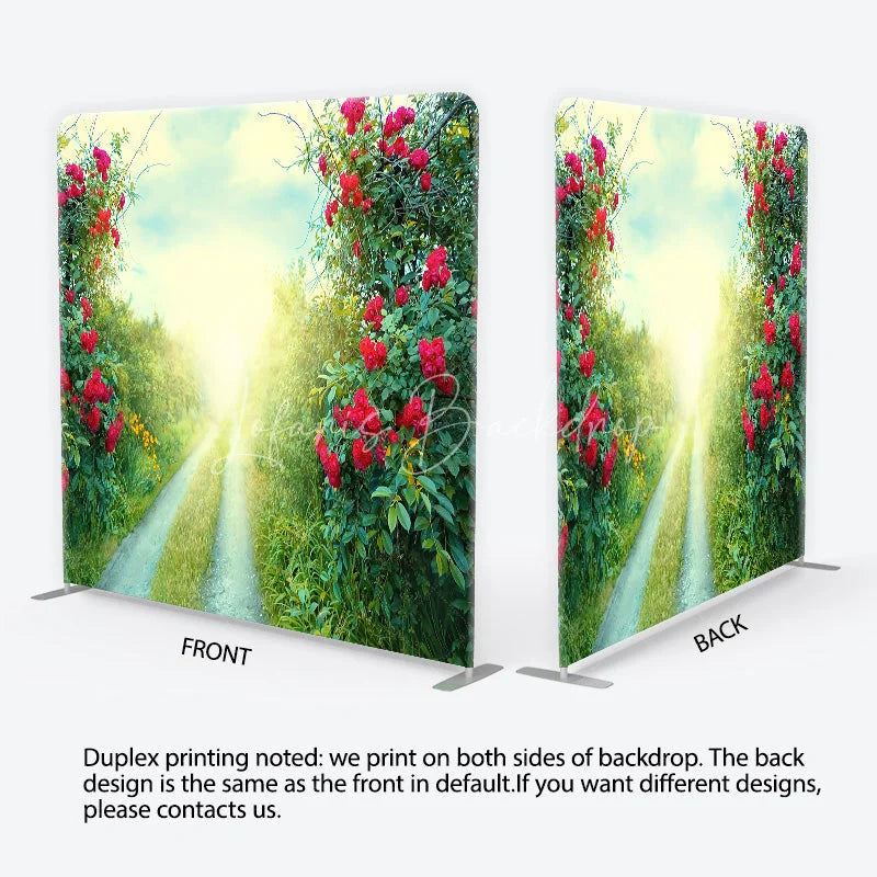 Lofaris Red Roses and Green Foliage Sunlit Path Square Double-Sided Backdrop Romantic Garden Nature Scene