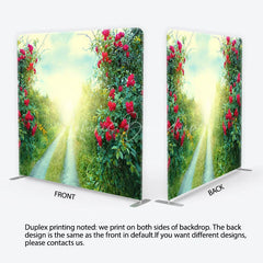 Lofaris Red Roses and Green Foliage Sunlit Path Square Double-Sided Backdrop Romantic Garden Nature Scene