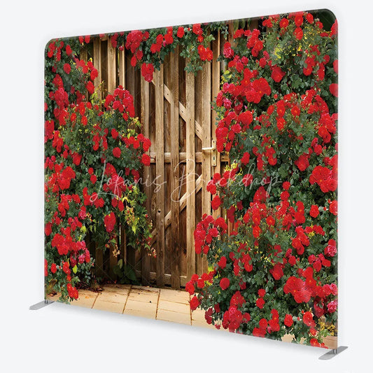 Lofaris Red Roses and Rustic Wood Gate Garden Backdrop Floral Wedding Anniversary Party Decor Romantic Tension Fabric