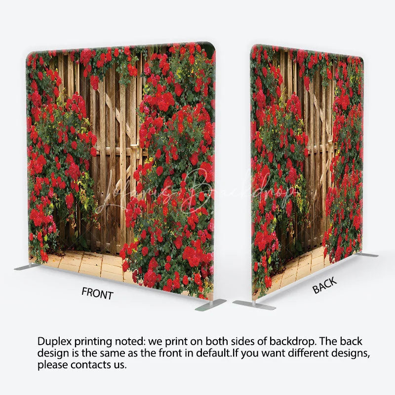 Lofaris Red Roses and Rustic Wood Gate Garden Backdrop Floral Wedding Anniversary Party Decor Romantic Tension Fabric