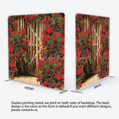 Lofaris Red Roses and Rustic Wood Gate Garden Backdrop Floral Wedding Anniversary Party Decor Romantic Tension Fabric