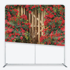 Lofaris Red Roses and Rustic Wood Gate Garden Backdrop Floral Wedding Anniversary Party Decor Romantic Tension Fabric