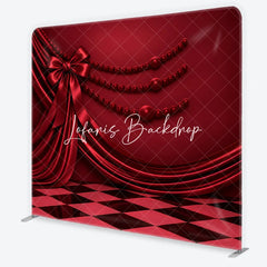 Lofaris Red Satin Drapes and Bow Square Double-Sided Backdrop with Elegant Checkerboard Floor Pearl Beads