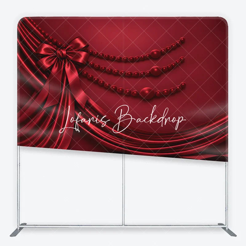Lofaris Red Satin Drapes and Bow Square Double-Sided Backdrop with Elegant Checkerboard Floor Pearl Beads