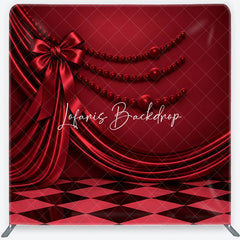 Lofaris Red Satin Drapes and Bow Square Double-Sided Backdrop with Elegant Checkerboard Floor Pearl Beads