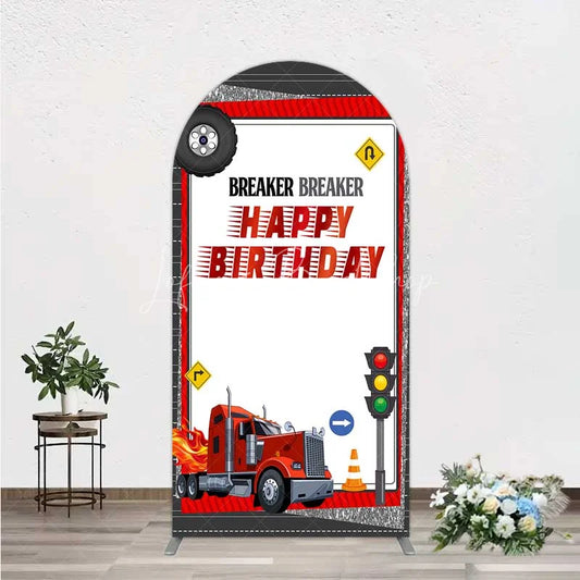 Lofaris Red Semi Truck Arch Backdrop Transportation Birthday Party Tire Photography Background
