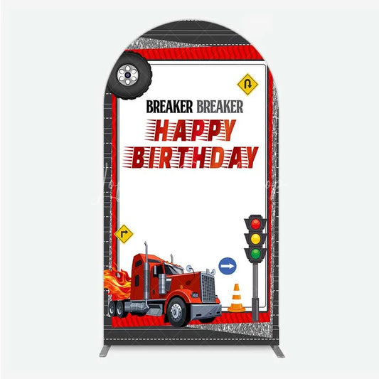 Lofaris Red Semi Truck Arch Backdrop Transportation Birthday Party Tire Photography Background