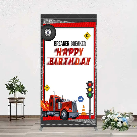 Lofaris Red Semi Truck Rectangle Backdrop Transportation Birthday Party Tire Photography Background