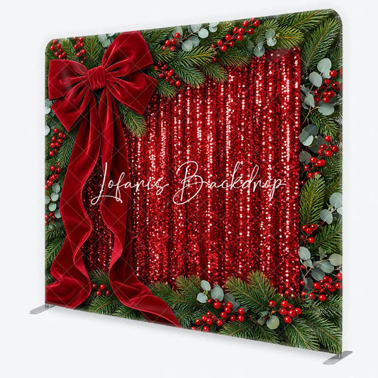 Lofaris Red Sequins and Velvet Bow Christmas Square Double-Sided Backdrop Pine Branches Berries Holiday Decor