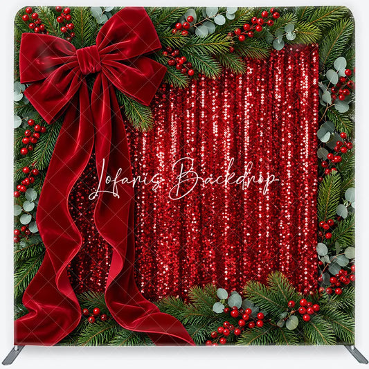 Lofaris Red Sequins and Velvet Bow Christmas Square Double-Sided Backdrop Pine Branches Berries Holiday Decor