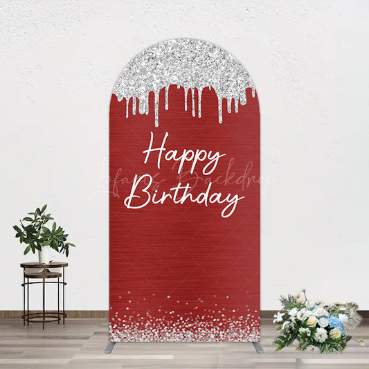 Lofaris Red Silver Glitter Happy Birthday Arch Backdrop