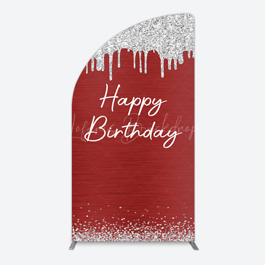 Lofaris Red Silver Glitter Happy Birthday Half Moon Arch Backdrop