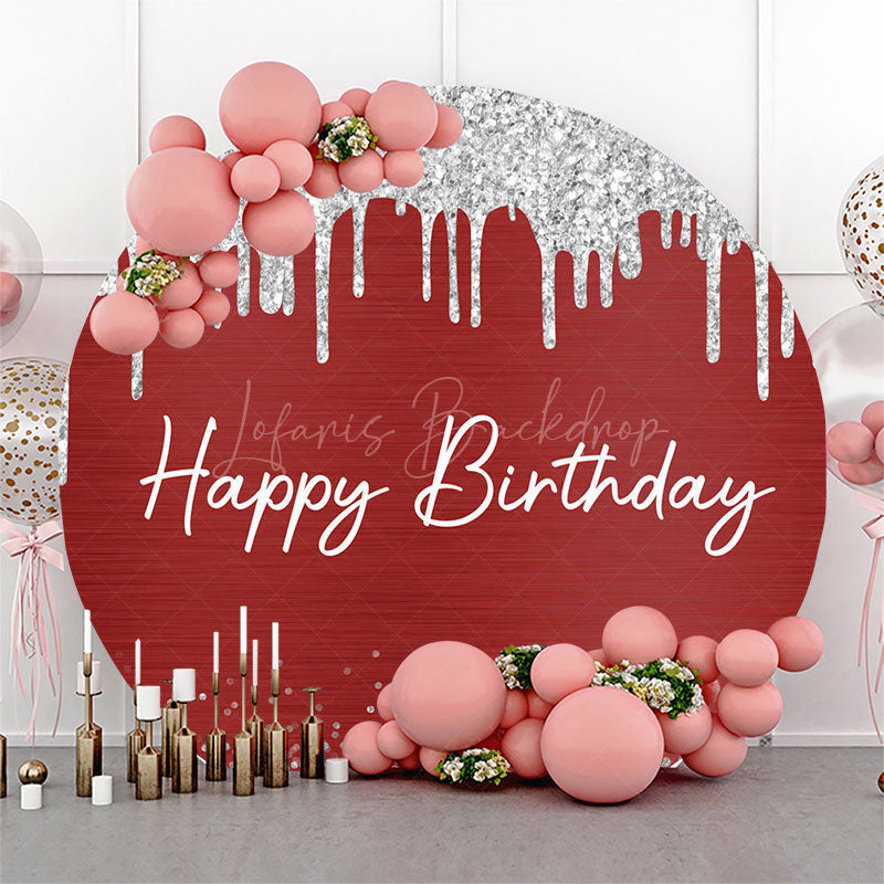Lofaris Red Silver Glitter Round Happy Birthday Backdrop