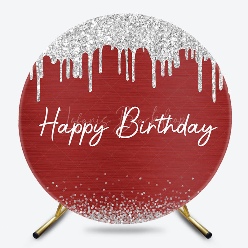 Lofaris Red Silver Glitter Round Happy Birthday Backdrop