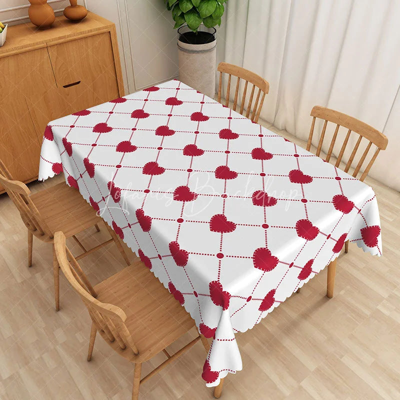 Lofaris Red Stitched Heart Rectangle Tablecloth Geometric Dotted Grid Table Cover Rustic Valentine Farmhouse Decor