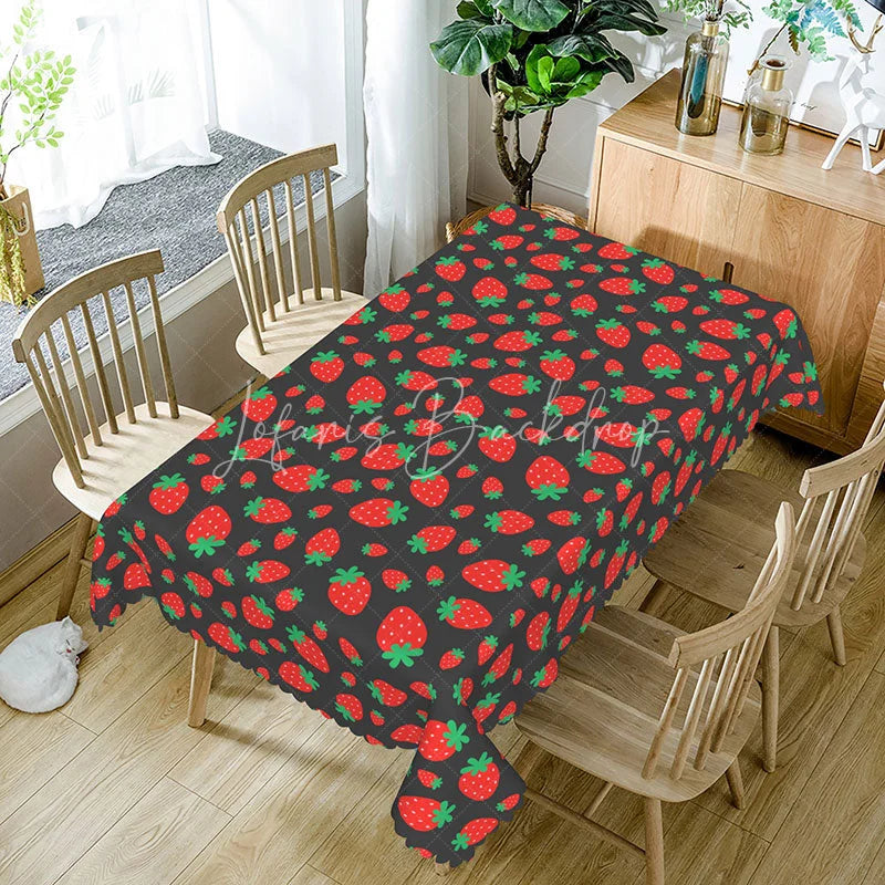 Lofaris Red Strawberry Fruit Rectangle Tablecloth Fresh Summer Berry Pattern on Dark Grey Sweet Kitchen Dining Room Decor