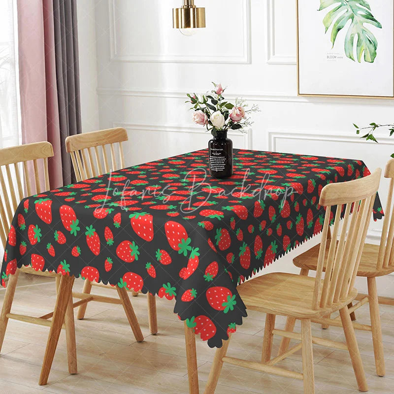 Lofaris Red Strawberry Fruit Rectangle Tablecloth Fresh Summer Berry Pattern on Dark Grey Sweet Kitchen Dining Room Decor