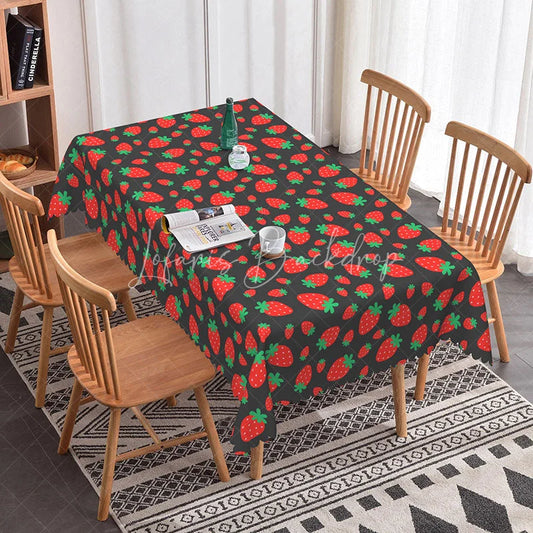 Lofaris Red Strawberry Fruit Rectangle Tablecloth Fresh Summer Berry Pattern on Dark Grey Sweet Kitchen Dining Room Decor