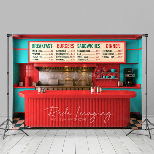 Lofaris Red Teal Retro 50s Diner Cake Smash Photo Backdrop