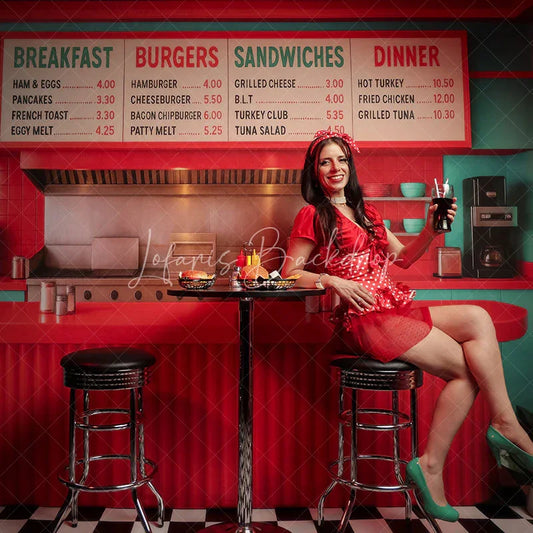 Lofaris Red Teal Retro 50s Diner Cake Smash Photo Backdrop