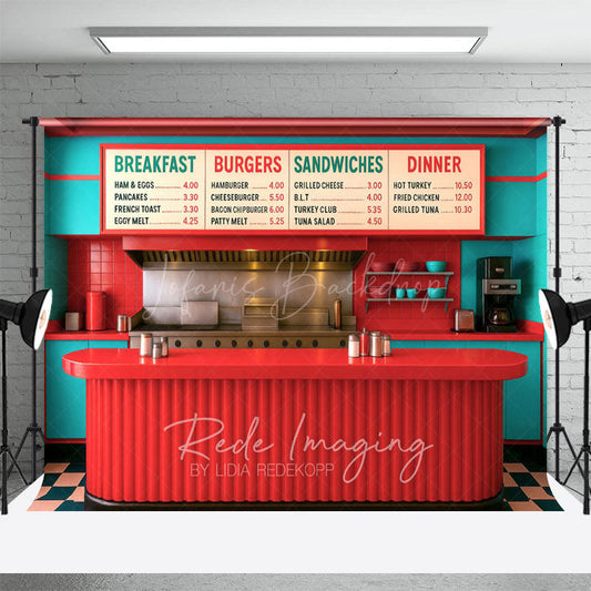 Lofaris Red Teal Retro 50s Diner Cake Smash Photo Backdrop