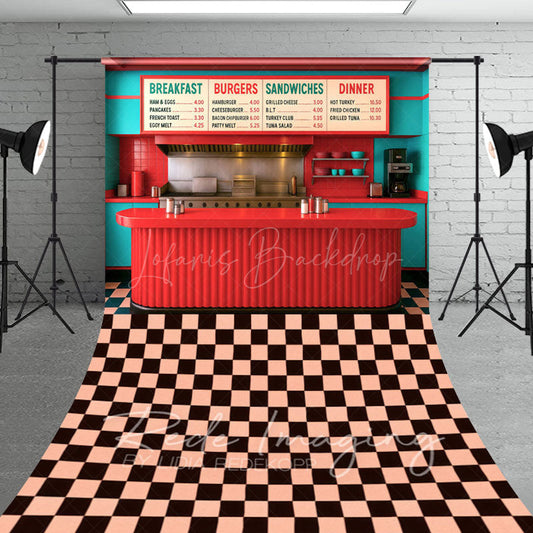 Lofaris Red Teal Retro 50s Diner Cake Smash Sweep Backdrop