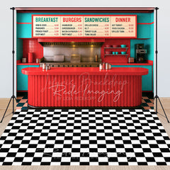 Lofaris Red Teal Retro Diner Plaid Floor Combo Set Backdrop