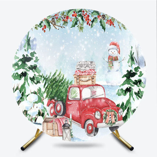Lofaris Red Truck Christmas Round Backdrop Watercolor Winter Snowman Photography Background