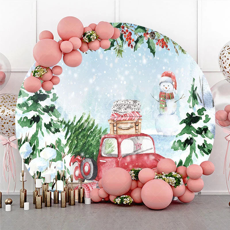 Lofaris Red Truck Christmas Round Backdrop Watercolor Winter Snowman Photography Background
