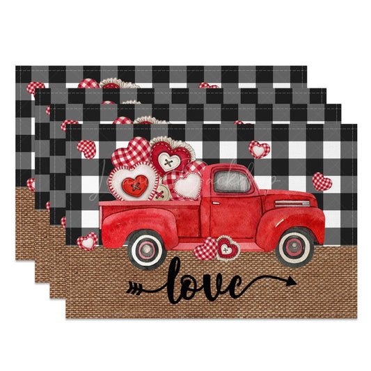 Lofaris Red Truck Plaid Valentines Day Set Of 4 Placemats