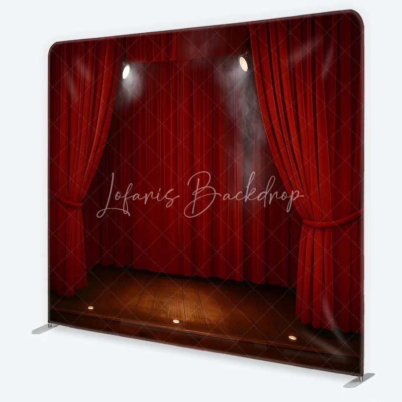 Lofaris Red Velvet Theater Stage Square Double-Sided Backdrop Dramatic Spotlights and Wooden Floor for Events