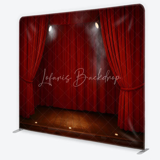 Lofaris Red Velvet Theater Stage Square Double-Sided Backdrop Dramatic Spotlights and Wooden Floor for Events